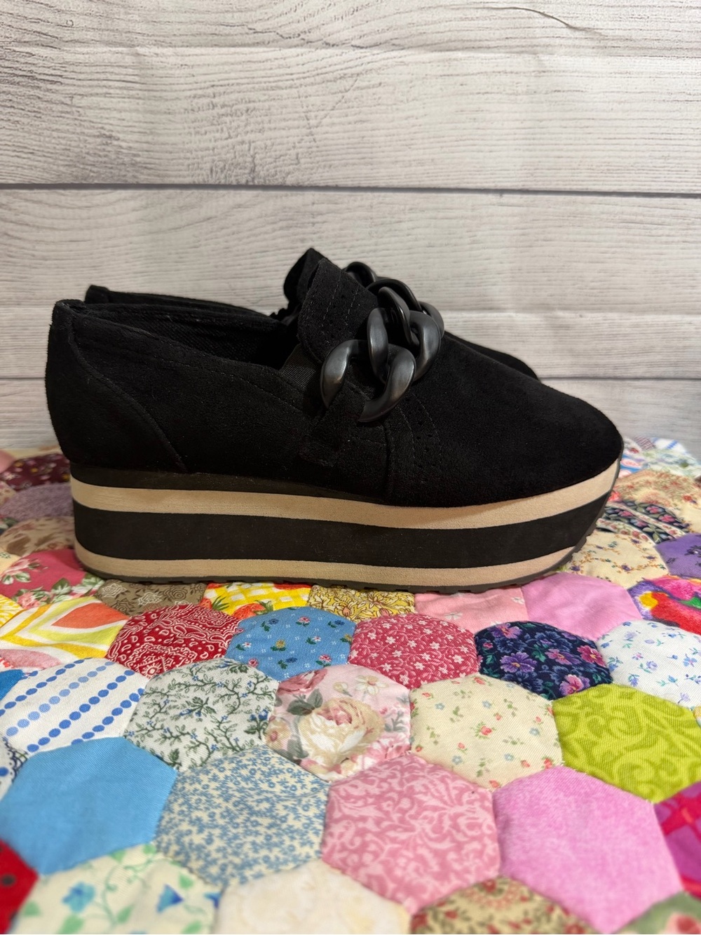 Pierre Dumas Black Platform Slip-On with Beige Trim and Chunky Chain